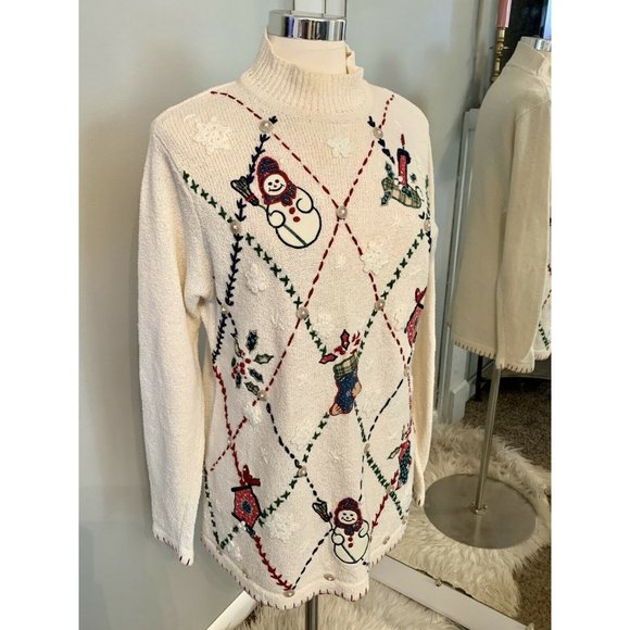 Vintage Christmas sweater pullover cream plaid Victoria Jones size M snowman - Picture 2 of 9